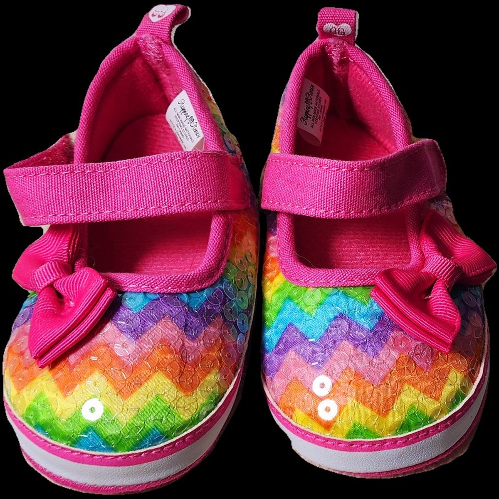 Stepping Stones Rainbow sequin baby crib shoes with bows Infant size 4